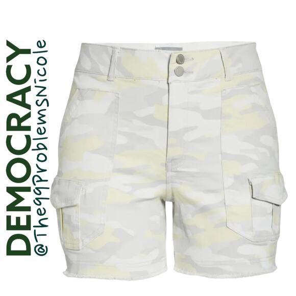 Democracy Camoflauge Print Cargo Shorts in Lemon Gray - Picture 1 of 7